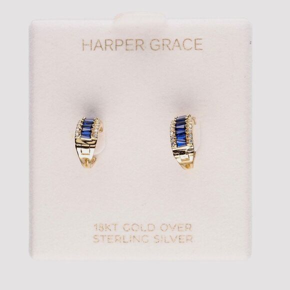 NIB 18K Gold over 925 SS Vermeil Harper Grace Hoop Earrings w/ Blue Glass - Picture 4 of 7